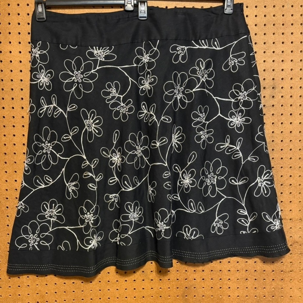 Carole Little Woman Skirt 24W Black Linen Blend Floral Embroidered A-Line Y2K